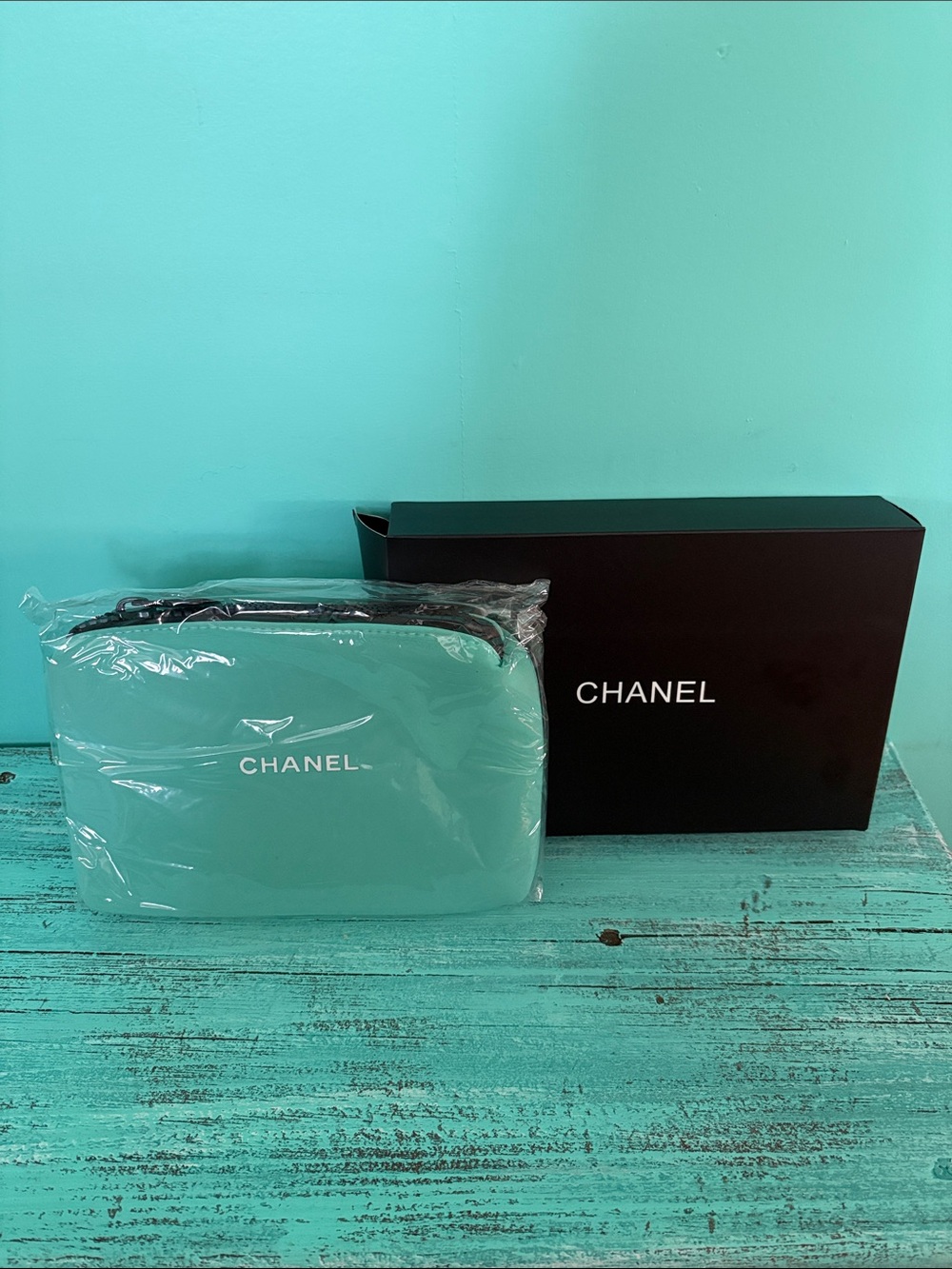 CHANEL Tiffany Blue Cosmetic Pouch with Logo